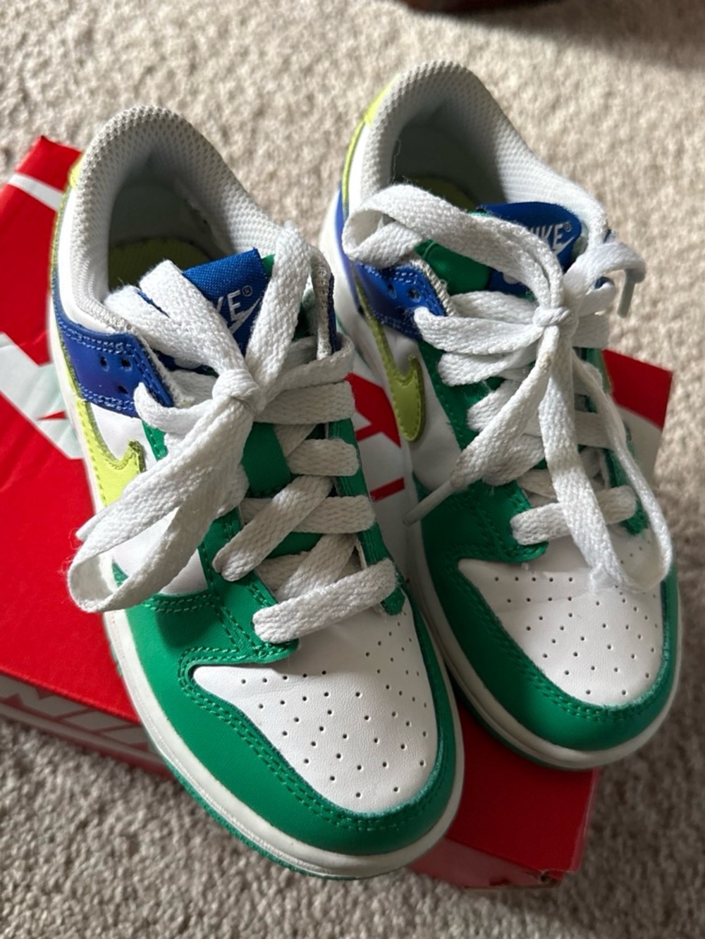 Nike Kids Green, White, Blue & Yellow Low-Top Sneakers